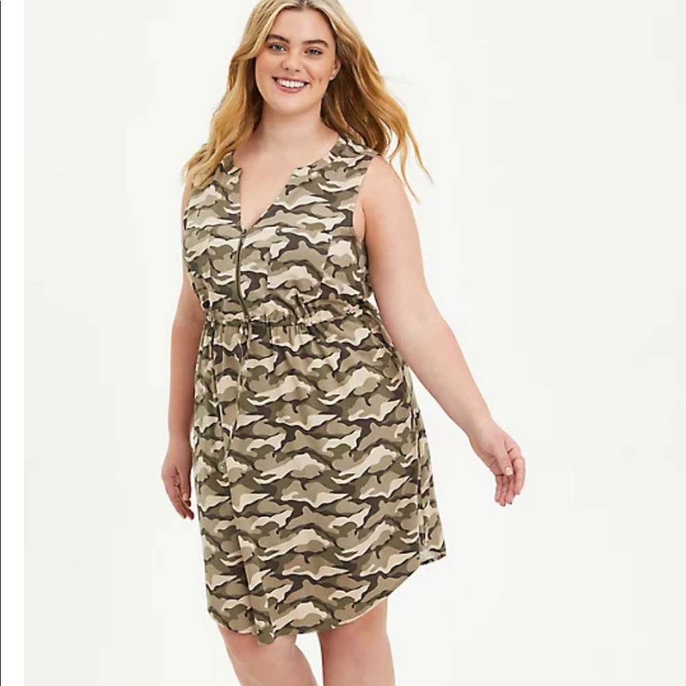 NWT SLEEVELESS ZIP-FRONT SHIRT DRESS - STRETCH CHALLIS CAMO
